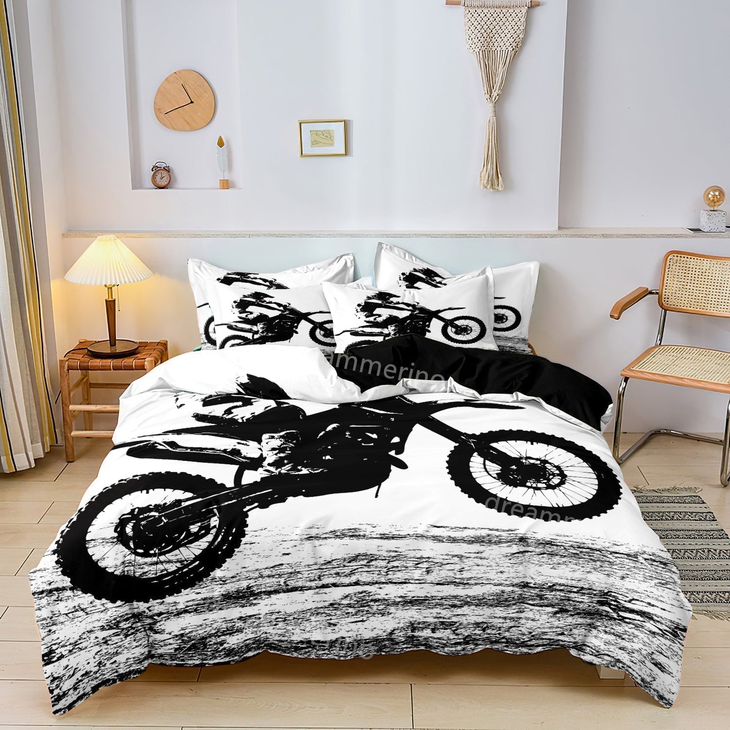 Racing Bike Bedding Set | Grey and White Motorbike Pattern - HappyKidMart