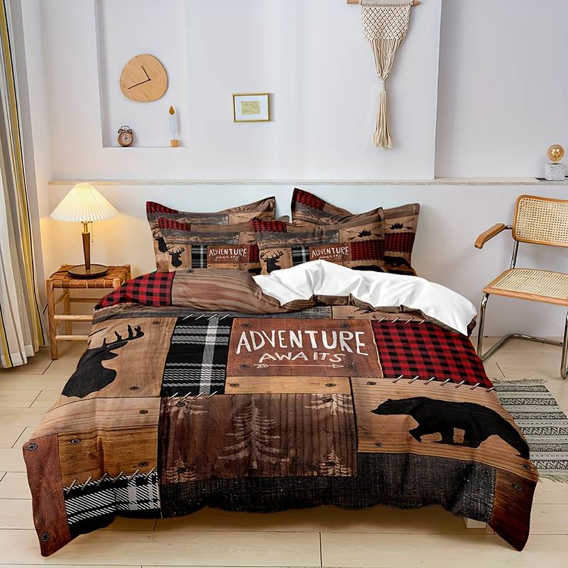 Country Plaid Bedding Set | Woodland Animal Print - HappyKidMart