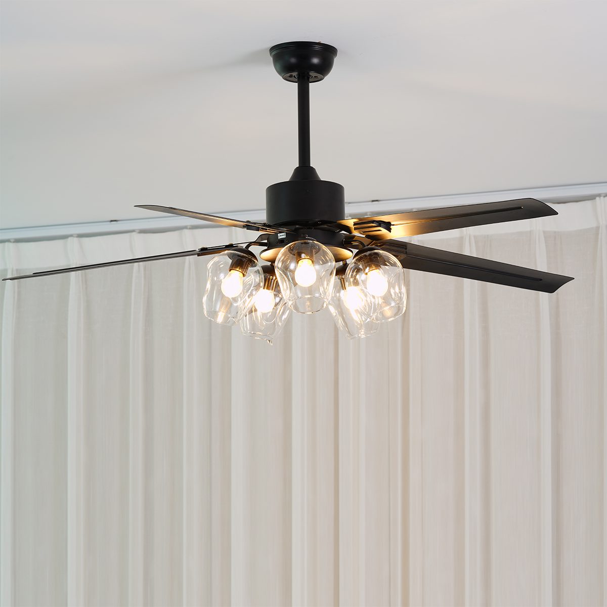 Sleek Black Ceiling Fan With Crystal Glass Shades