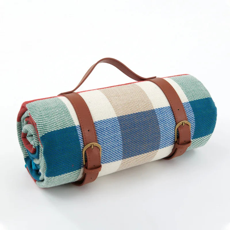Traditional Outdoor Blanket | Red Plaid Design With Brown Straps