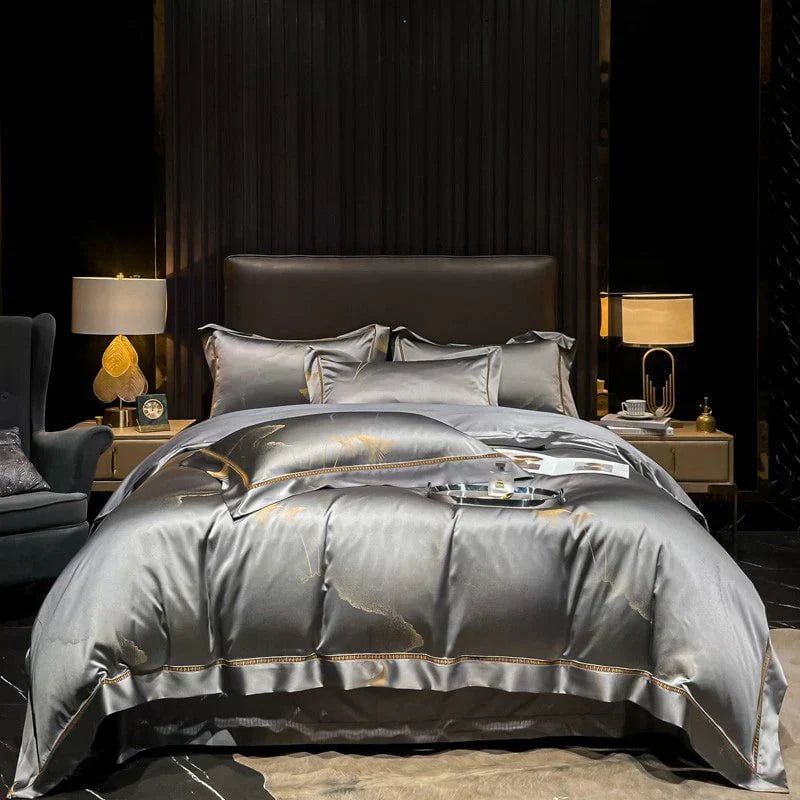 Premium Soft Silver Bedding Set with Gold Trim - HappyKidMart
