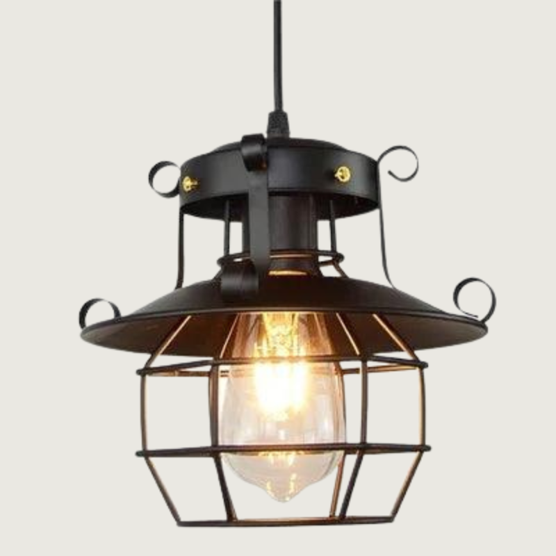 Rustic Metal Pendant Lamp | Black Cage Shade - HappyKidMart