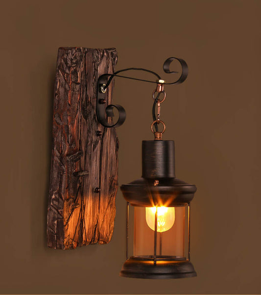 Country Style Wall Light | Wooden Glass Sconce - HappyKidMart
