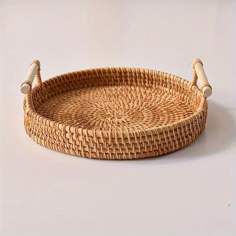 Woven Rattan Serving Platter with Wood Handles