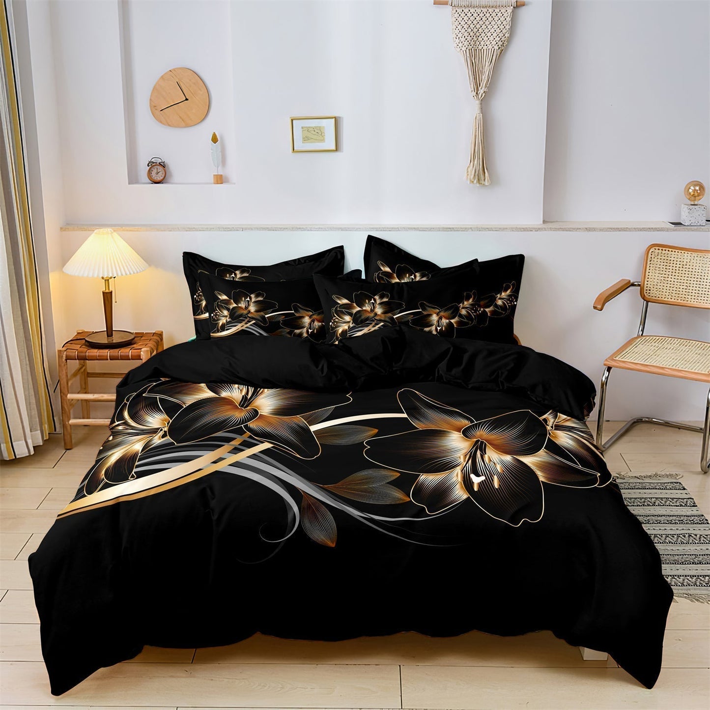 Elegant Black Floral Bedding Set - HappyKidMart