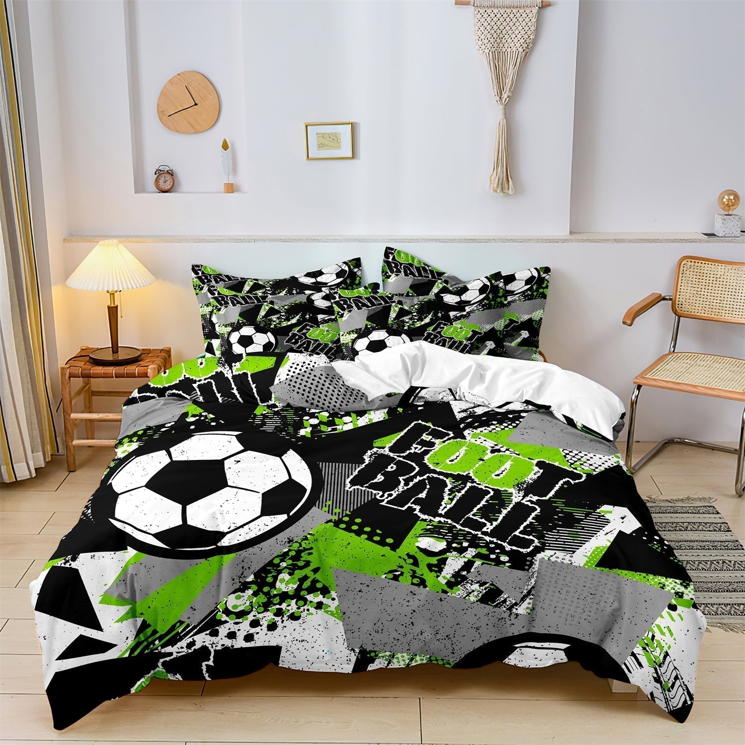 Sporty Soccer Bedding Set with Green Graphic Print - HappyKidMart