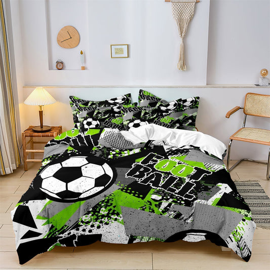 Sporty Soccer Bedding Set with Green Graphic Print - HappyKidMart