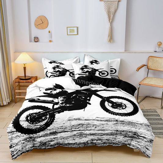 Racing Bike Bedding Set | Grey and White Motorbike Pattern - HappyKidMart
