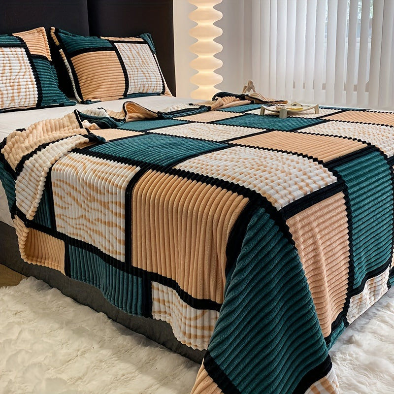 Plaid Soft Throw Blanket Teal Beige Check