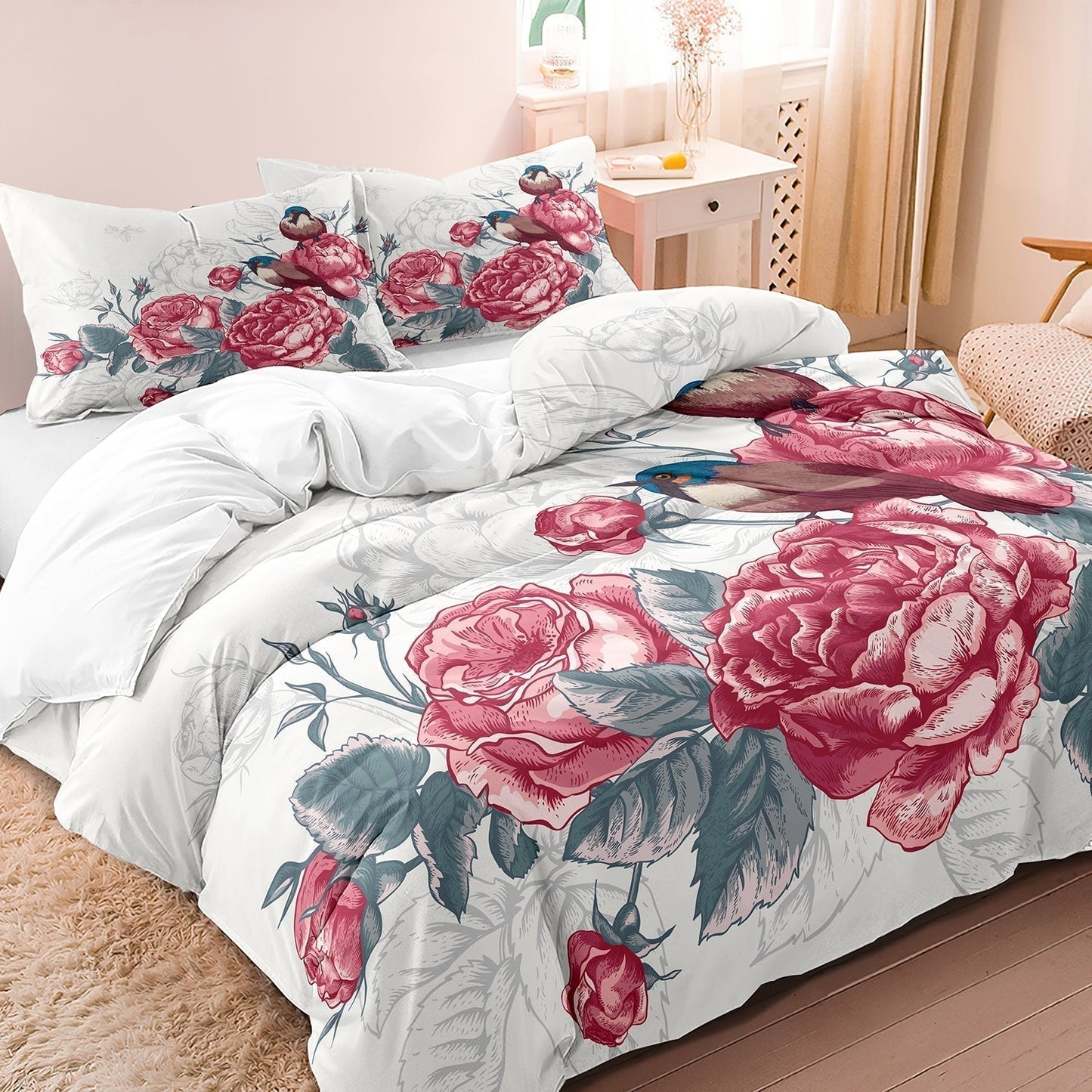 Floral Pink Bedding Set Rose Grey Leaf Design