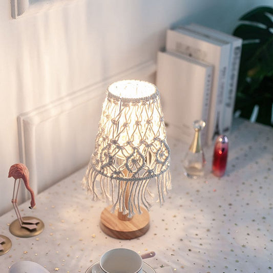 Bohemian Cotton Table Light | Wood Base - HappyKidMart