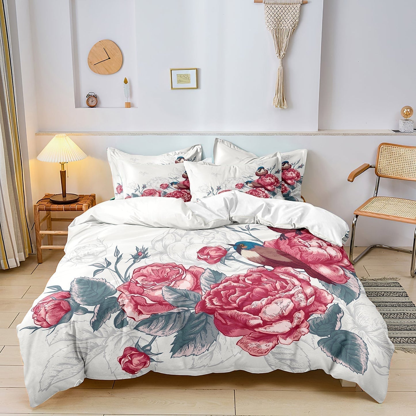 Floral Pink Bedding Set Rose Grey Leaf Design - HappyKidMart
