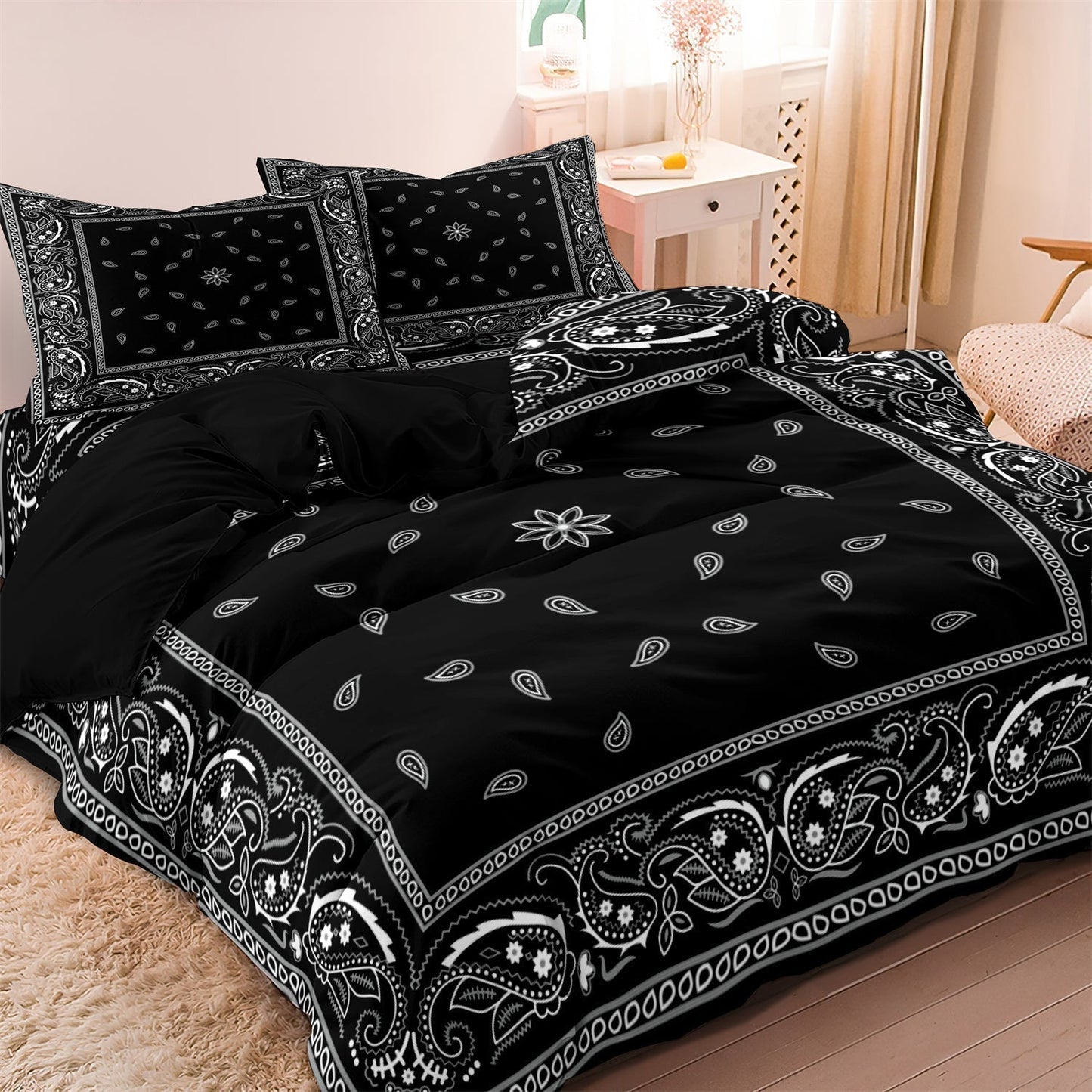 Bohemian Floral Black Duvet Cover Set