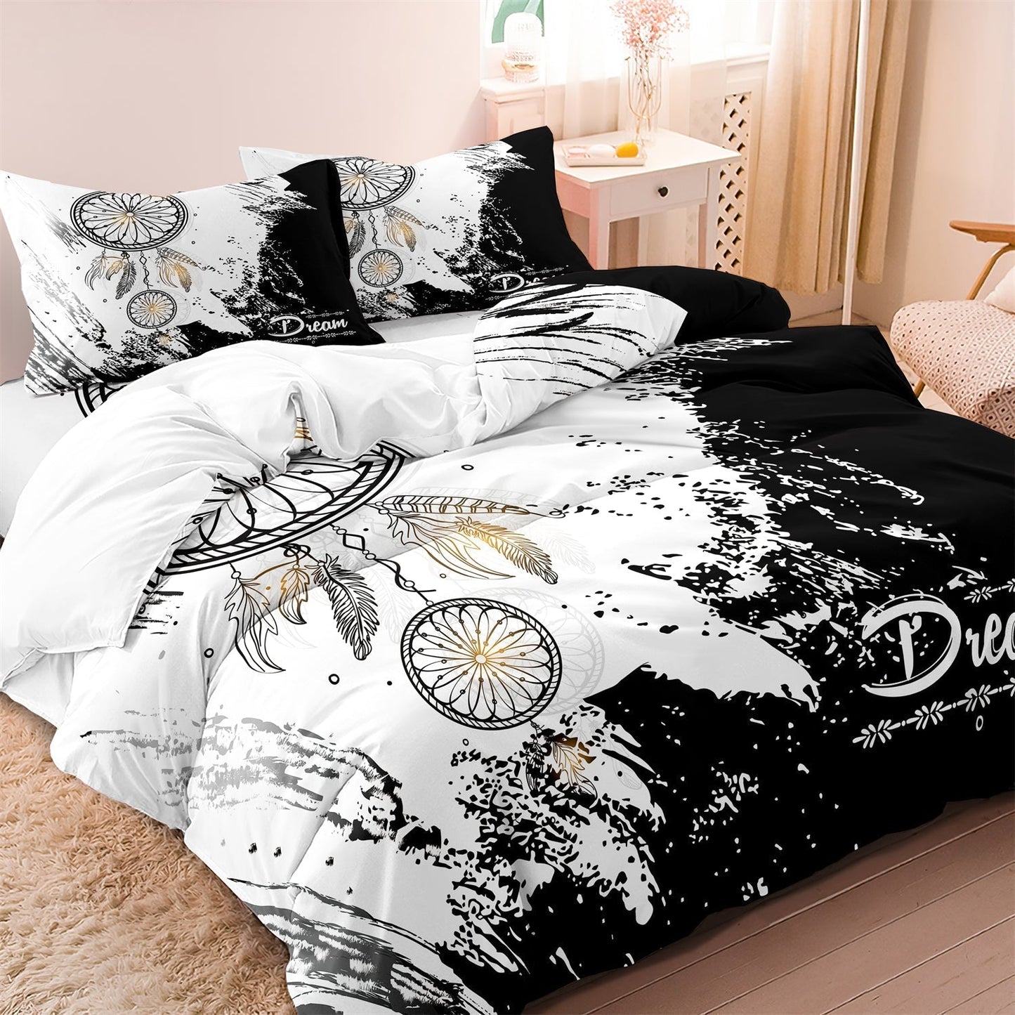 Trendy Duvet Cover Set | Black White Feather Pattern