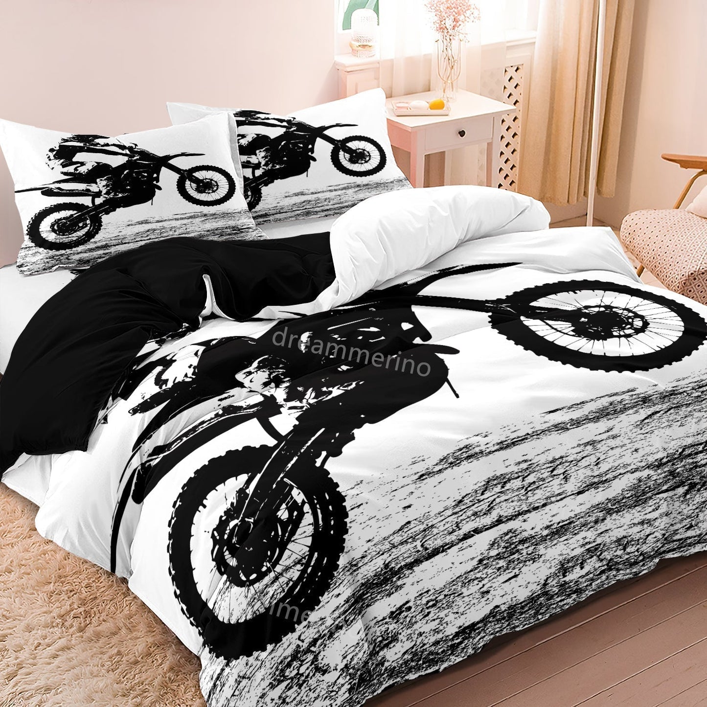 Racing Bike Bedding Set | Grey and White Motorbike Pattern