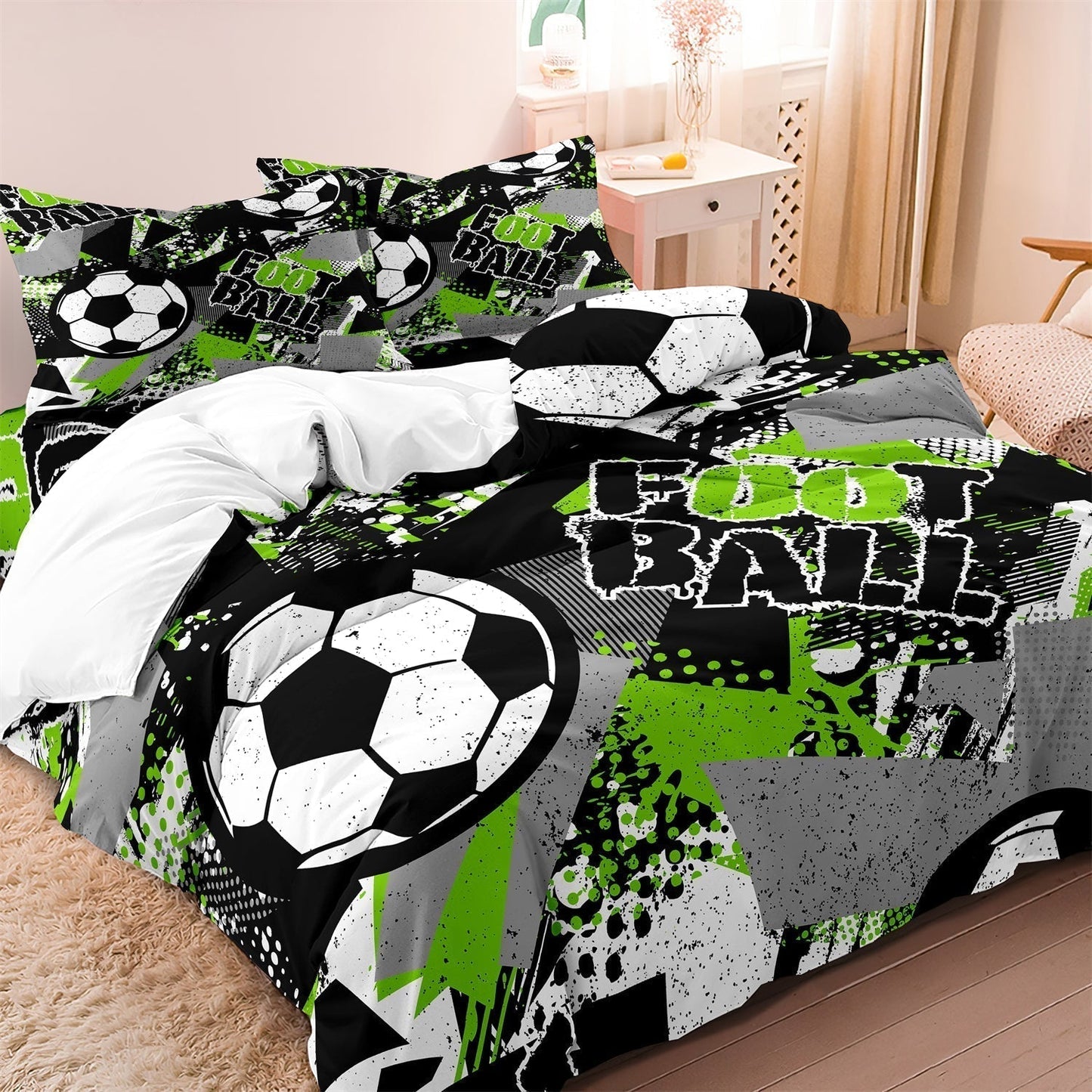 Sporty Soccer Bedding Set with Green Graphic Print