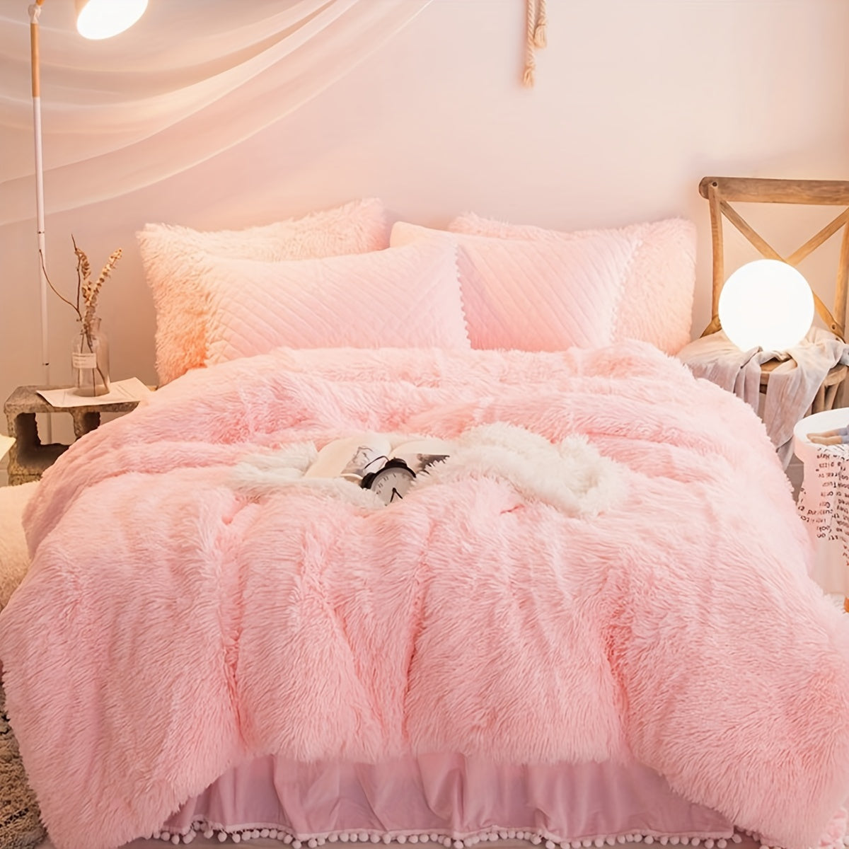 Luxurious Soft Pink Bedding Set with Fringe Trim - HappyKidMart