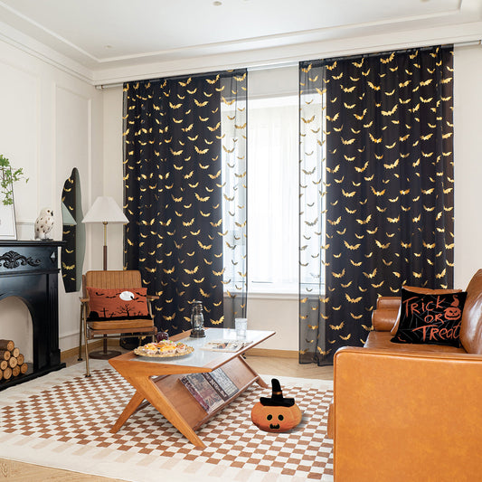 Dark Sheer Drapes | Metallic Bat Print Design - HappyKidMart