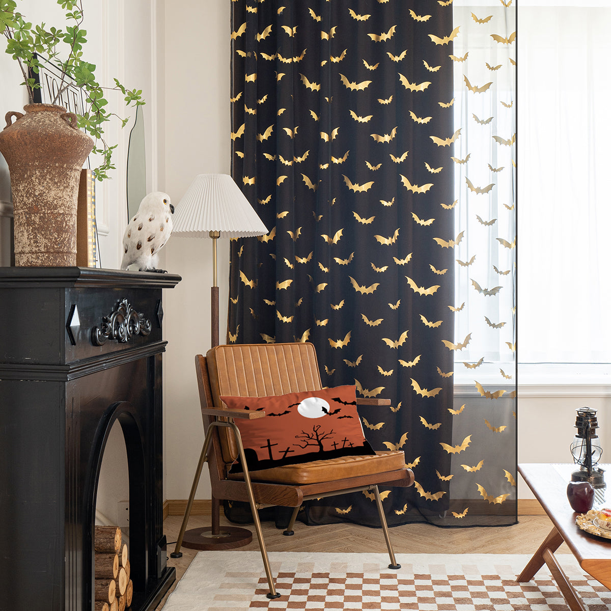 Dark Sheer Drapes | Metallic Bat Print Design