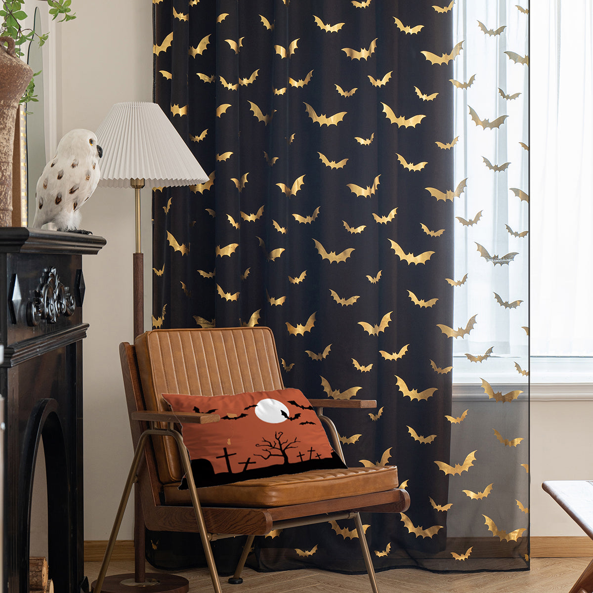 Dark Sheer Drapes | Metallic Bat Print Design