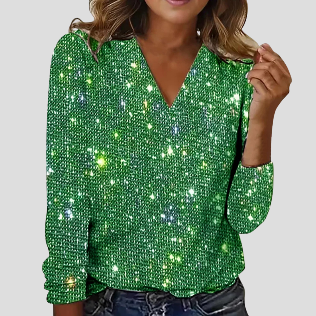 Sparkly Deep V Neck Long Sleeve Top