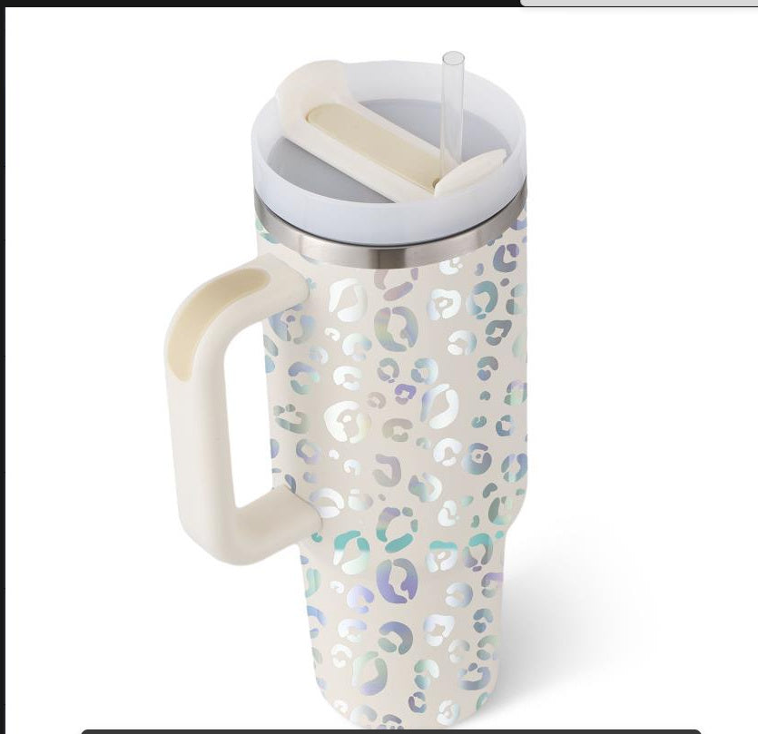 Leopard Print Thermal Coffee Mug with Lid and Straw