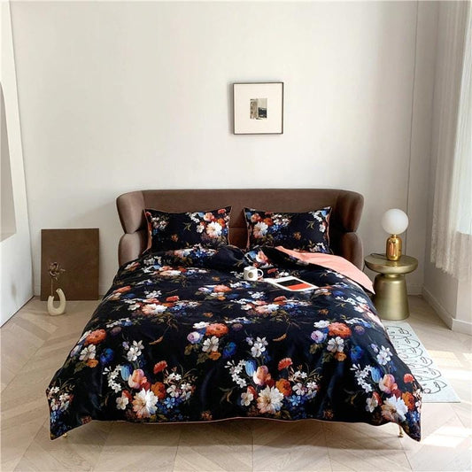 Luxury Cotton Bedding Set | Black Floral Pattern Duvet - HappyKidMart