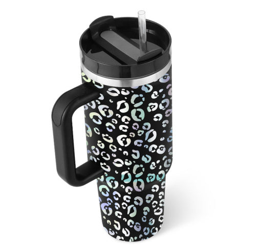 Leopard Print Thermal Coffee Mug with Lid and Straw