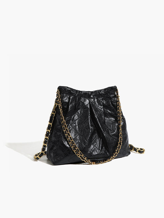 Classic Chain Strap Purse | Black Leather With Gold Buckle - HappyKidMart