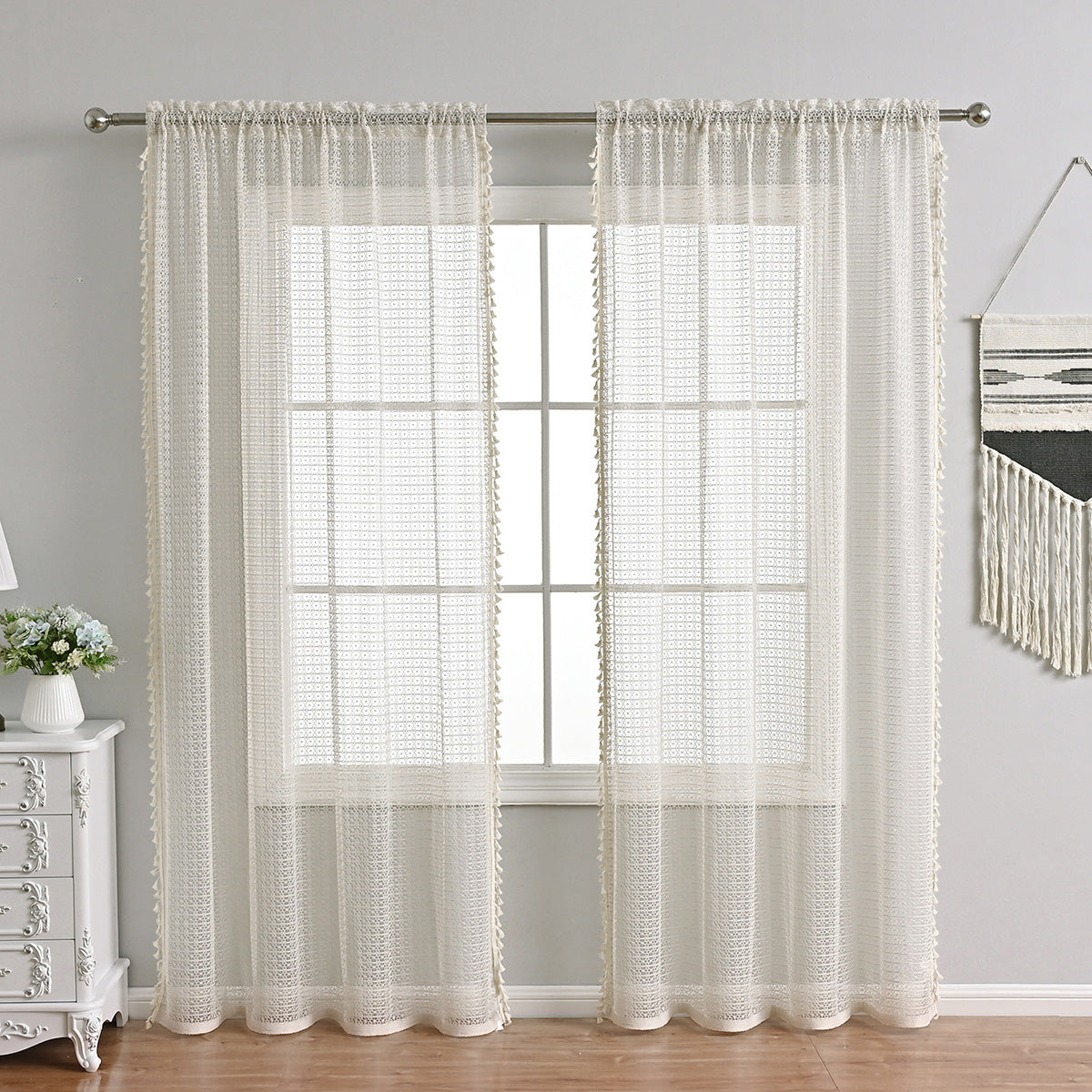 Light Beige Sheer Curtains With Tassel Detail
