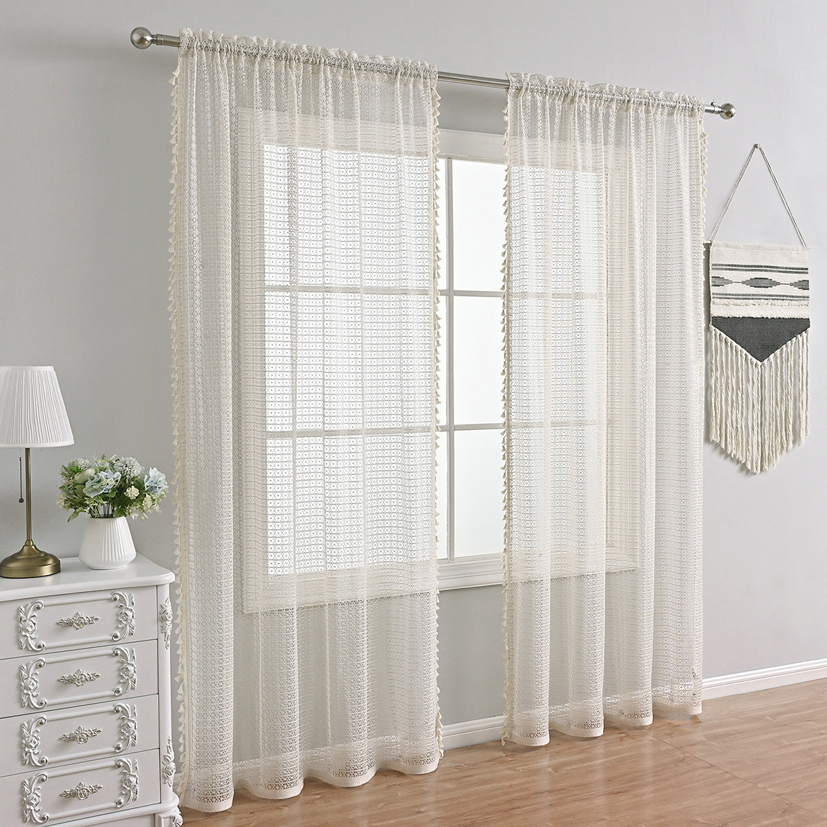 Light Beige Sheer Curtains With Tassel Detail