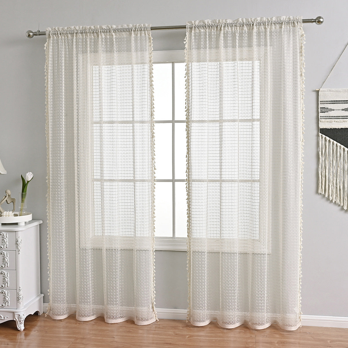 Light Beige Sheer Curtains With Tassel Detail