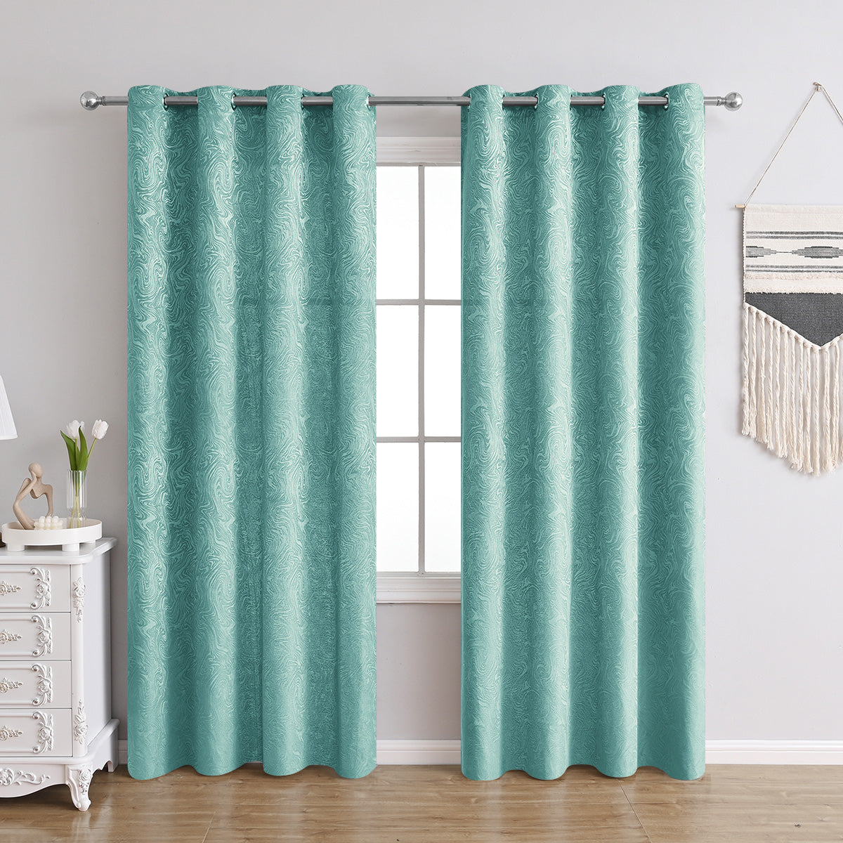 Grey Patterned Room Darkening Curtains