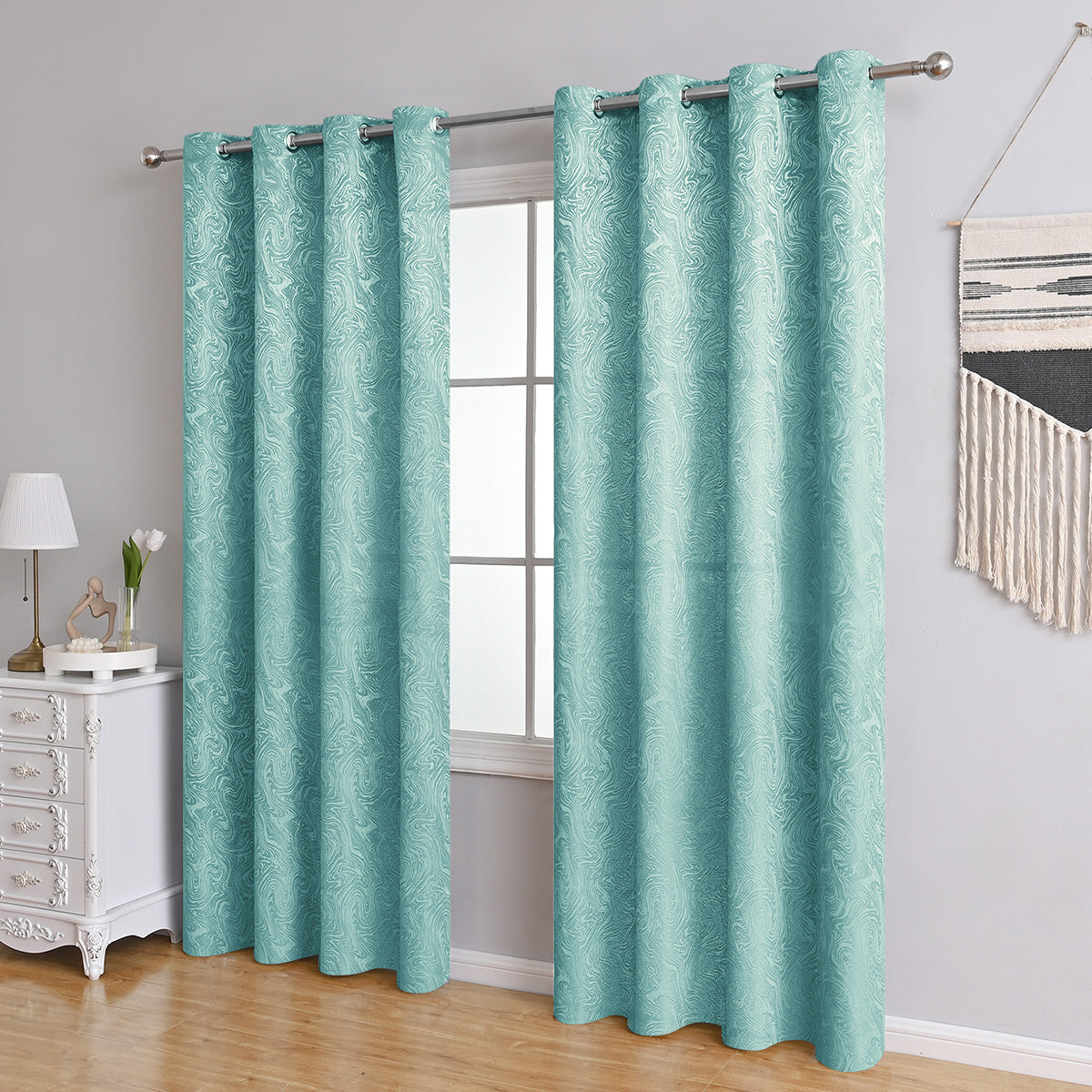 Grey Patterned Room Darkening Curtains