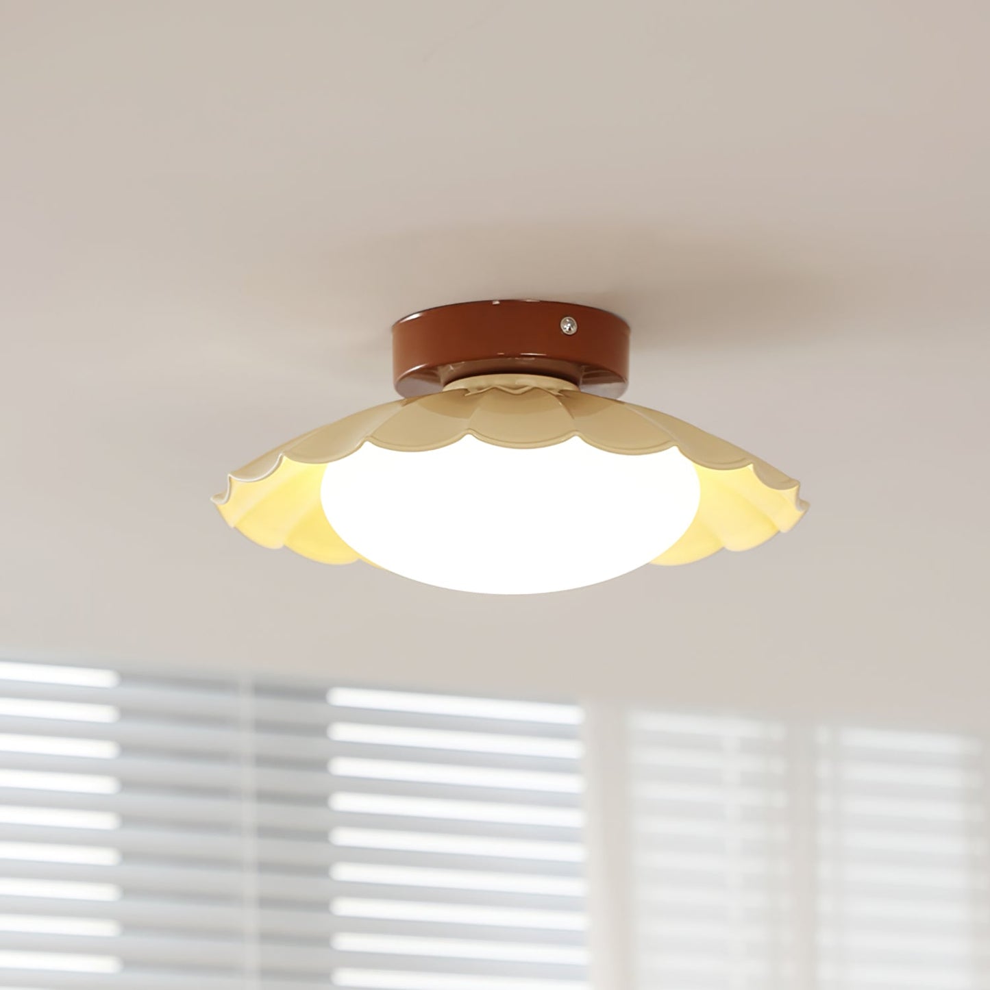 Elegant Overhead Lamp | Floral Pattern With Wood Trim