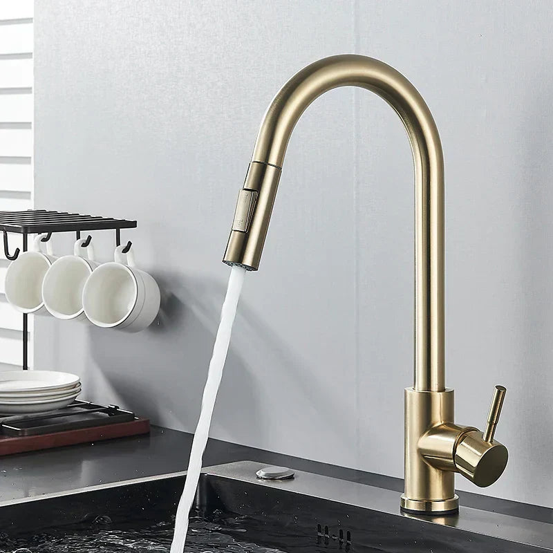 Luxury Gold Kitchen Faucet with Pull Down Spray Head