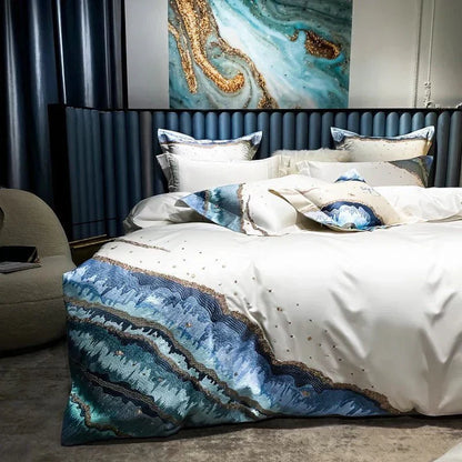 Soft Cotton Bedding Set Ocean Wave Gold Trim