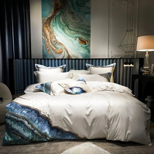 Soft Cotton Bedding Set Ocean Wave Gold Trim - HappyKidMart