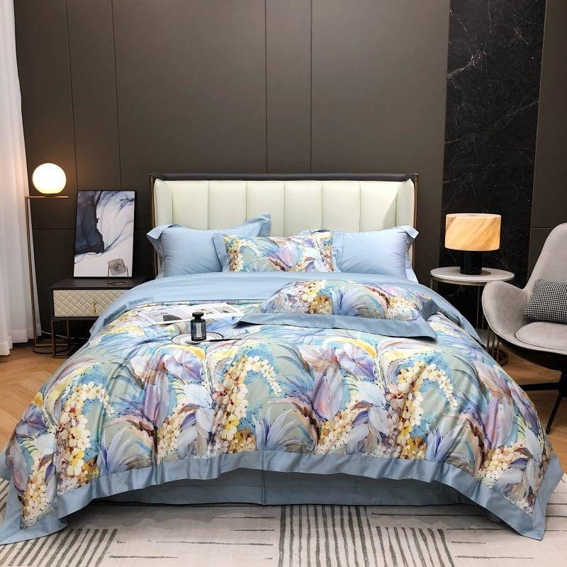 Soft Blue Floral Cotton Bed Sheets Set - HappyKidMart
