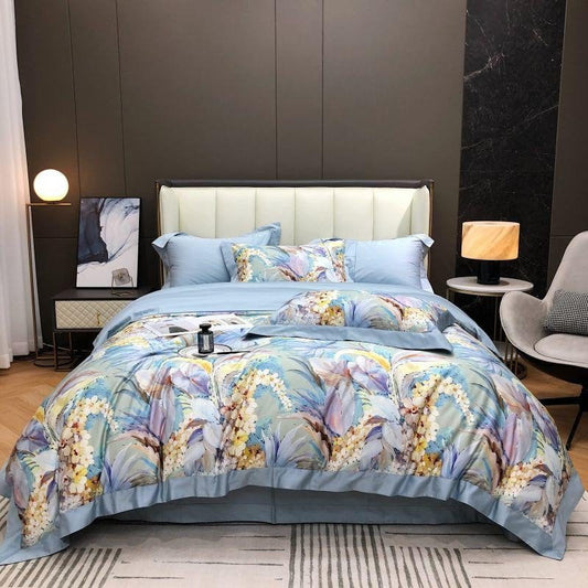 Soft Blue Floral Cotton Bed Sheets Set - HappyKidMart