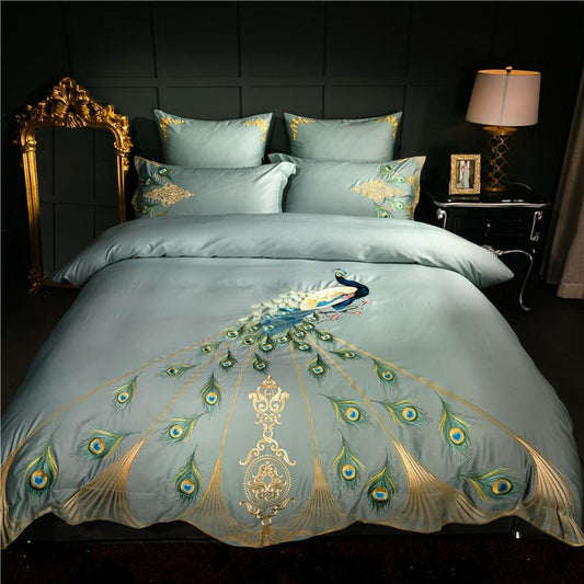 Soft Teal Cotton Bedding Set with Embroidered Peacock Design - HappyKidMart