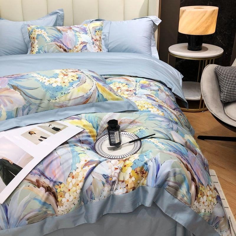 Soft Blue Floral Cotton Bed Sheets Set