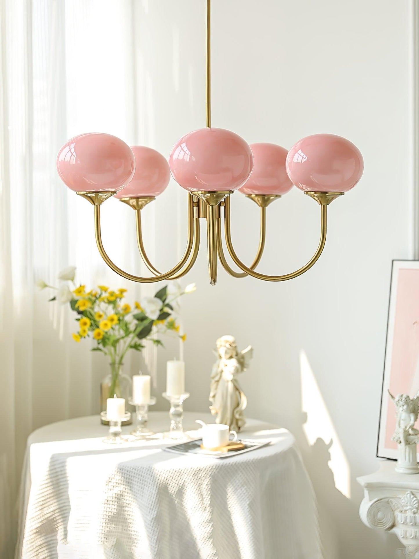 Elegant Crystal Pendant Light | Rose Glass with Gold Accents