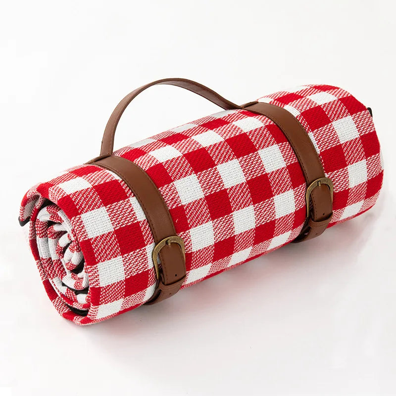 Traditional Outdoor Blanket | Red Plaid Design With Brown Straps - HappyKidMart