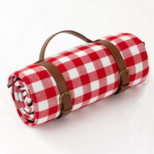 Traditional Outdoor Blanket | Red Plaid Design With Brown Straps - HappyKidMart