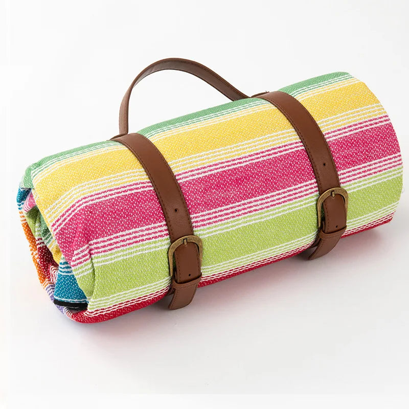 Traditional Outdoor Blanket | Red Plaid Design With Brown Straps
