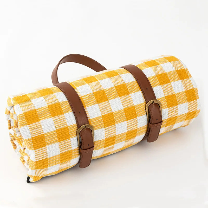 Traditional Outdoor Blanket | Red Plaid Design With Brown Straps