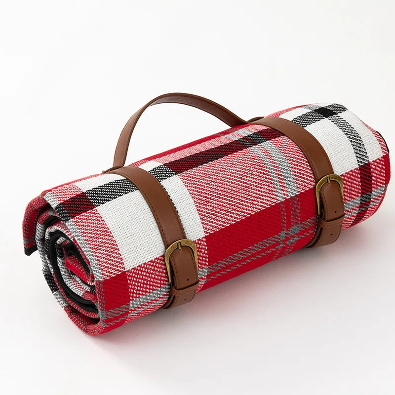 Traditional Outdoor Blanket | Red Plaid Design With Brown Straps