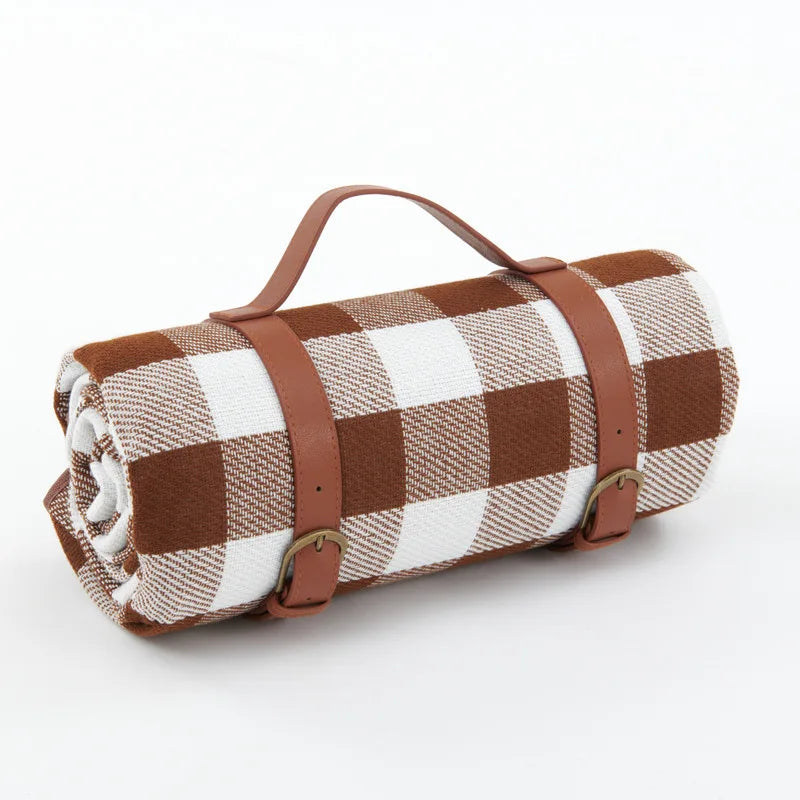 Traditional Outdoor Blanket | Red Plaid Design With Brown Straps