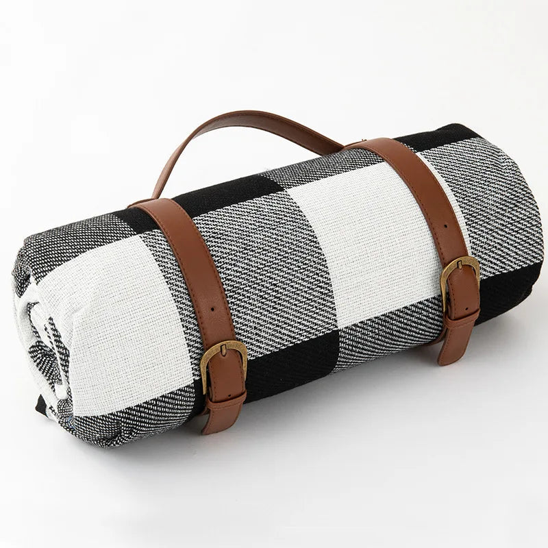 Traditional Outdoor Blanket | Red Plaid Design With Brown Straps